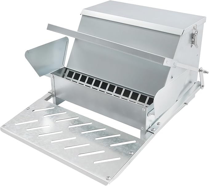 Automatic Chicken Feeder 25Lbs Large Capacity No Waste Poultry Feeder, Galvanized Steel Chicken Treadle Feeders Rat Proof Outdoor for Ducks,Pheasants, Fowl, Bantams