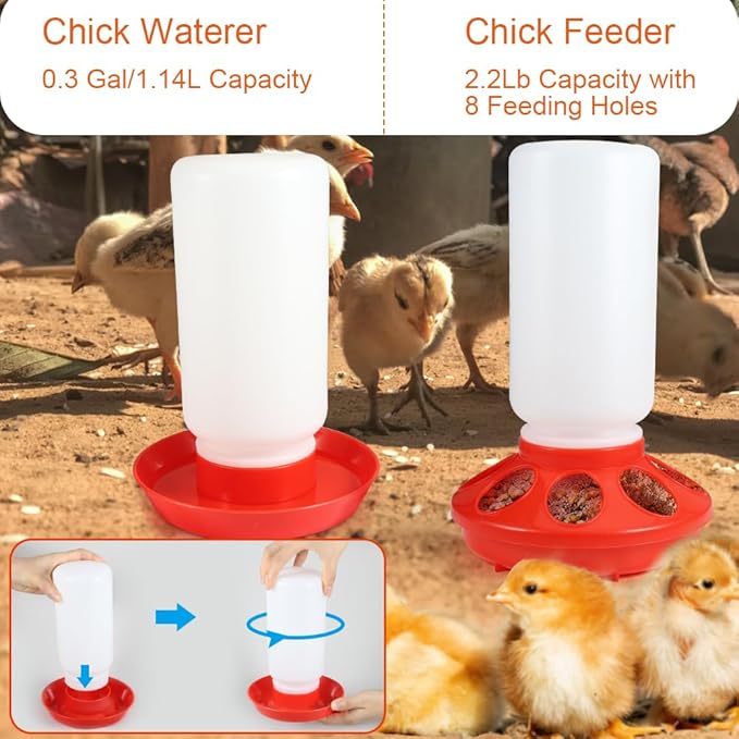 6PCS Chick Feeder and Waterer Set with Perch, 2 Feeders & 50 Chicken Leg Bands, Poultry Starter Kit for Baby Chicks, Ducks, Quail (0.3 Gal Waterer, 2.2Lb Feeder)
