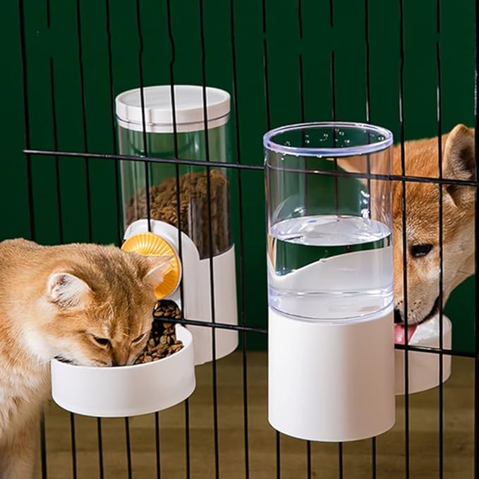 Kenond 40oz Hanging Automatic Rabbit Food Water Dispenser, Auto Gravity Dog Feeder and Waterer Set, Cage Cat Food Bowl Dog Feeding Station for Ferret and Kitten Bunny Chinchilla Hedgehog Puppy(White)