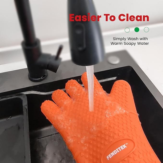 Silicone BBQ Cooking Gloves with Meat Smoker Guide，Heat Resistant Oven Mitts with Fingers，Long Protective Cotton Lined Barbecue Grilling Gloves 1 Pair for Kitchen, Cooking, and Baking Gifts (Orange)