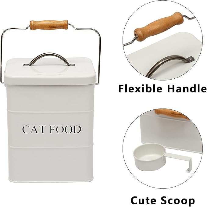 Cat Food Treat Storage Container with lid scoop included - Perfect Farmhouse Cat Food Bin for Kitchen Countertop, Shelf, Decoration Home - Cat Food - White