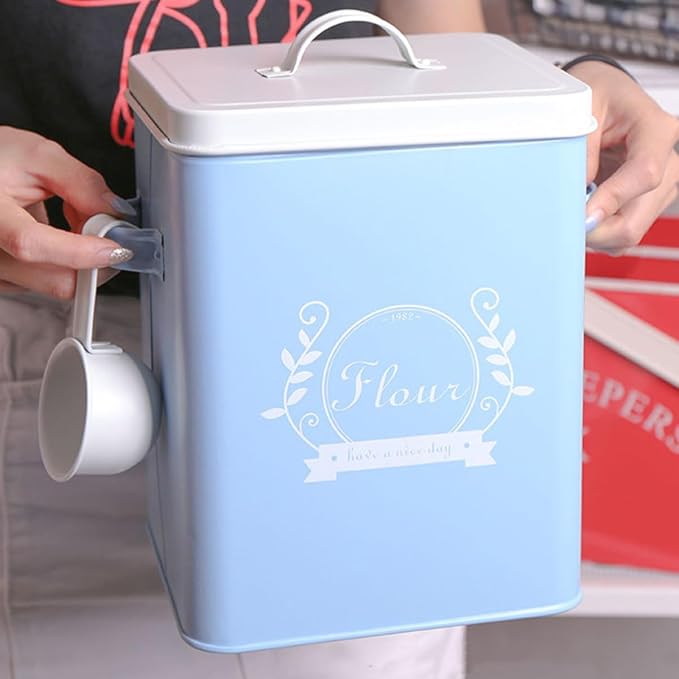 Iron Rice Storage Box Blue Grain Container Kitchen Food Storage Organizer Sturdy Galvanized Metal Bread Bin for Household Pantry