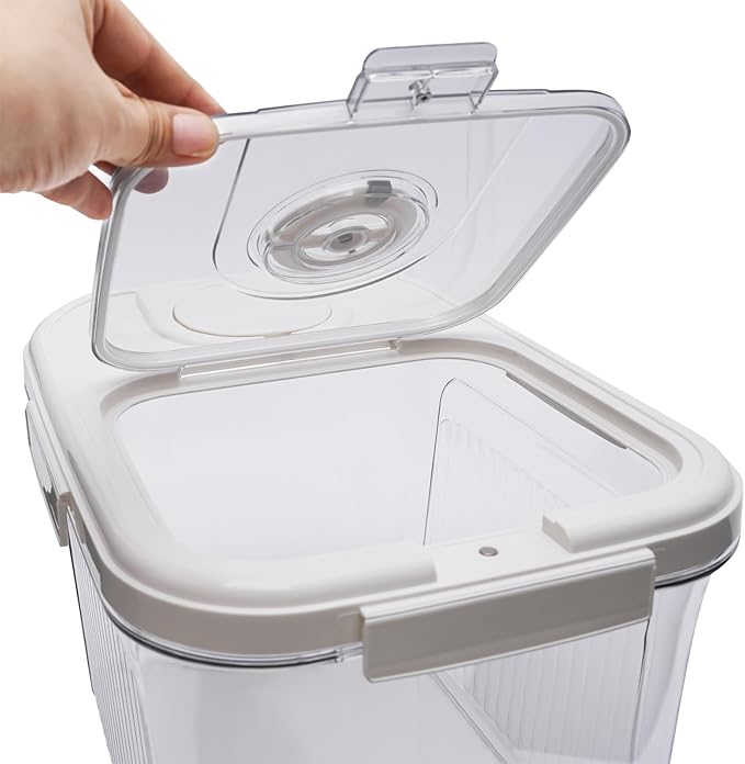 11lb Large Capacity Rice Bucket, Food Containers, Plastic Grain Storage Container with Lid and Timer, Food Storage Bins Airtight Kitchen Storage Containers (White, 13.4 * 10 * 8.86in)