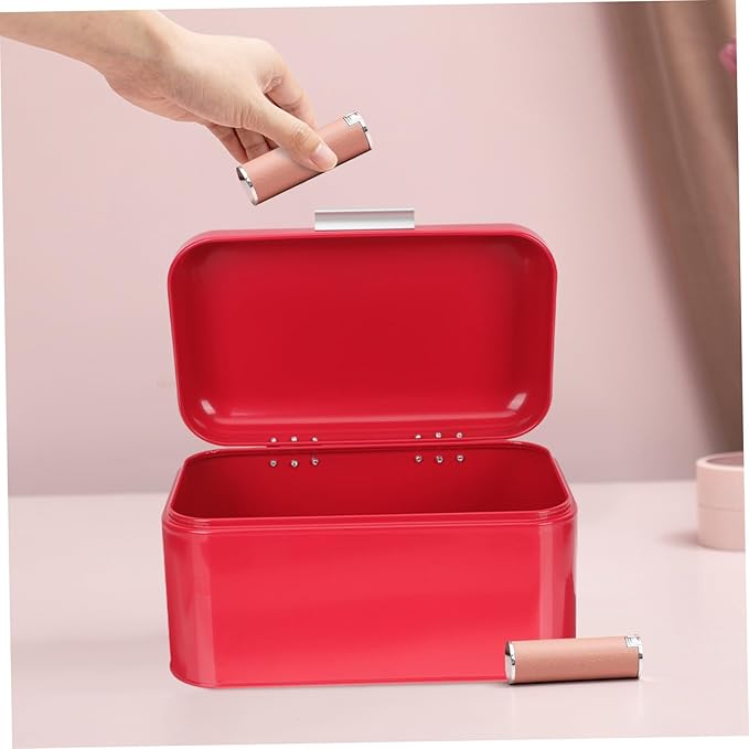 Lurrose Retro Iron Bread Box with Cover Portable Metal Storage Container for Bread Snacks Fruits Kitchen Utensils Stable Base Grain Storage Bin for Countertop Red Vintage Kitchen Decor
