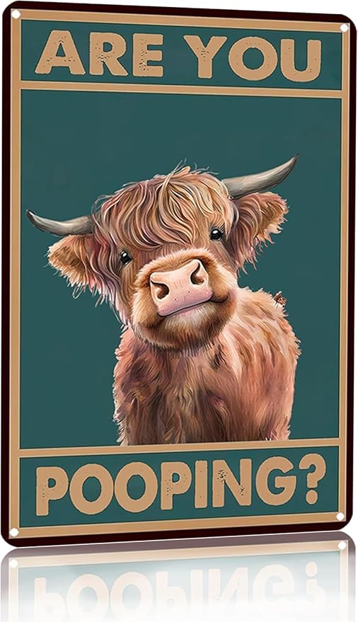Funny Highland Cow Tin Sign, Vintage Tin painting"Are You Pooping?"Bathroom Humorous Toilet Wall Decor for Rustic Farmhouse & Western Theme Highland Cow Lovers, 8x12 Inch
