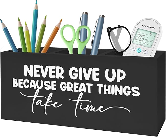 Inspirational Quotes Pencil Pen Holder for Desk, Never Give Up Because Great Things Take Time Wooden Pencil Holder Organizer for Home Office Desk Accessories, Gifts for Coworker