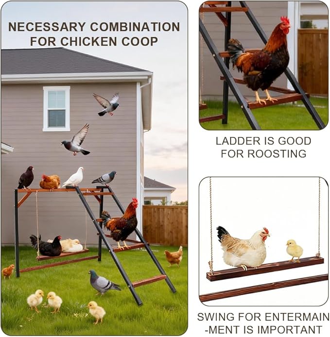 Chicken Perch Swing, Chicken Roosting Bars with Ladder for Coop, Metal Pet Swing Set for Pet's Healthy & Happy for 8-10 Chick (Walnut 1)