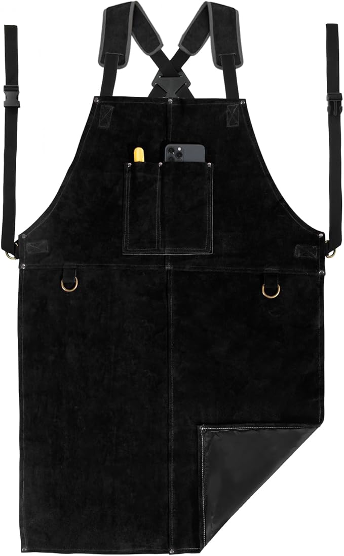 Leather Welding Work Apron - Heat Resistant & Flame Resistant Bib Apron, Flame Retardant Heavy Duty BBQ Apron