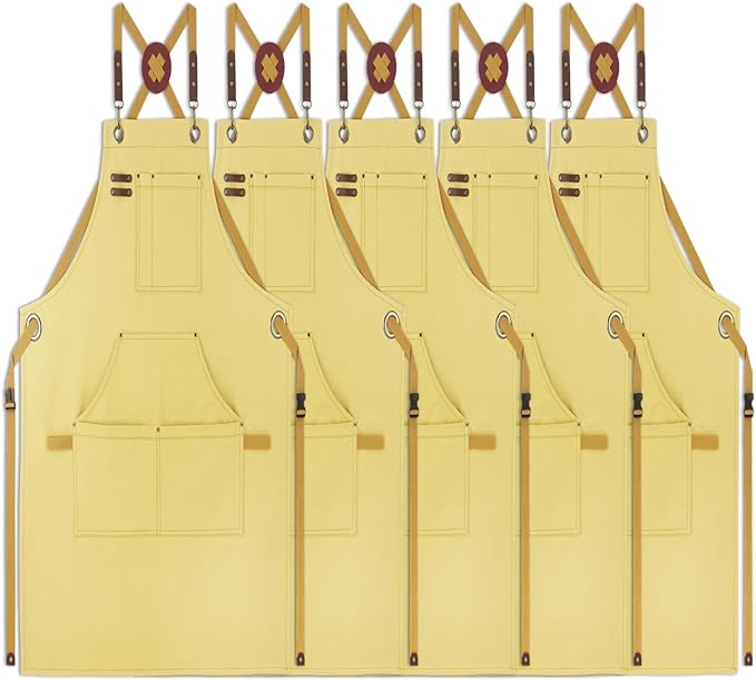 5 Pack Kitchen Apron, Work Apron, Canvas, Multiple Pockets, Gardening, Painting, BBQ, Artist, Carpenter, Sizes M to XXL, Amber