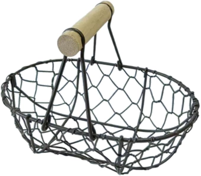 Metal Wire Egg Basket, Iron Storage Basket Farmhouse Kitchen Organizer Rustic Retro Vegetables Basket Oval for Tabletop Home, Black