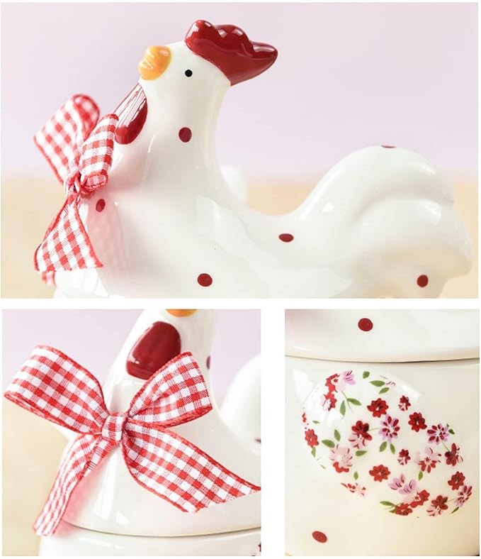 Chicken and Flower Pattern Ceramic, Rooster Shape Sugar Jar with Lid and Spoon, Rural Easter Kitchen Decor for Food Storage, Spring Farmhouse Countertop Container (1 Pc)