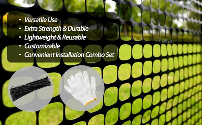 PotatoLife Plastic Mesh Fence, Extra Strength 40''x50' Roll with 50 Zip Ties, Resuable Temporary Netting for Garden Fencing, Snow Fencing, Animal Barrier, Poultry, Deer, Dog, Construction, Black