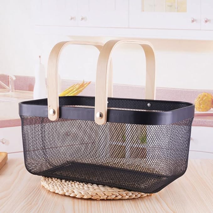 IBWell Square Metal Wire Woven Fruit Storage Bowl Basket with Wooden Handle, Large Black Mesh Fruit Stand, Multi-function Hanging Kitchen Baskets (Black, Extended)