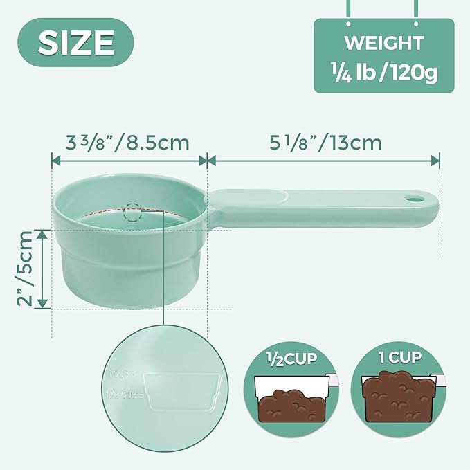 Melamine Dog Food Scoop - 1 Cup Pet Measuring Cup, Comfortable Long Handle Scoop for Dog, Cat, Ferret and Rabbit Food, Dishwasher Safe (Light Green)