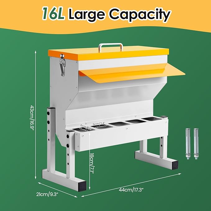 Automatic Chicken Feeder 20LB no Waste Metal Duck Feeder with 5 Chicken Feeders Trough Port Wall Mount Large Hanging Poultry Feeder Dispenser with Lid Legs for Outside Chickens Coop Quail Galvanized