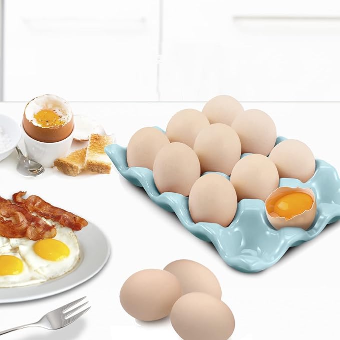 Flexzion Ceramic 12 Cups Egg Tray - Whole Dozen Porcelain Egg Holder Container Keeper Storage Organiser Decorative Serving Stand Serveware for Refrigerator Fridge Countertop Display Kitchen