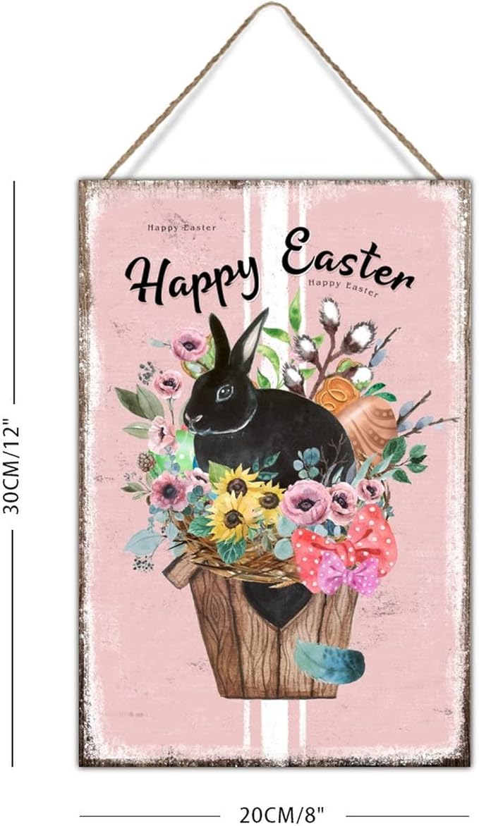 Happy Easter Flower Basket Bunny Home Wall Art Plaques French Style Floral Pink Stripes Wall Art Decor Sign Spring Farmhouse Decor Easter Bunny Wall Decor Sign for Bedroom 8x12in