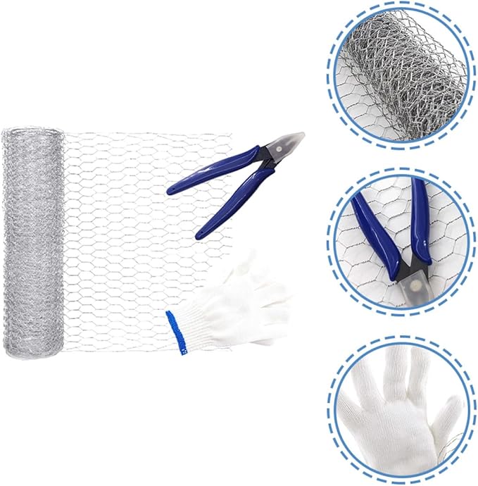 TIDTALEO Galvanized Hexagonal Chicken Wire Mesh Netting for Garden Fence Barrier, 0.4m X 5m Roll with Pliers and Gloves, Lightweight Wire Mesh for Floral Crafts and Poultry Yard Use