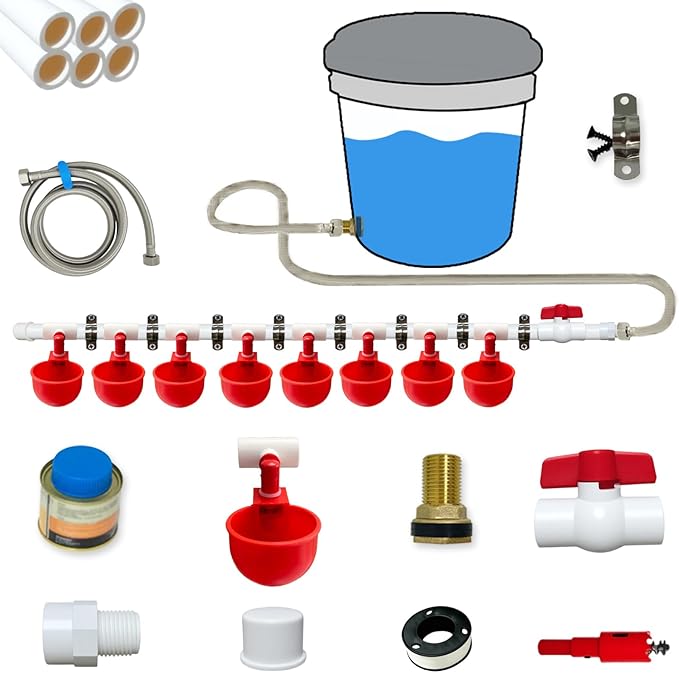 Automatic Chicken Watering System with 1/2" PVC Pipe and Chicken Waterer Cups, Stainless Steel Hose, Leak-Proof and Easy-Assembly Chicken Waterer Feeder Kit for Coops