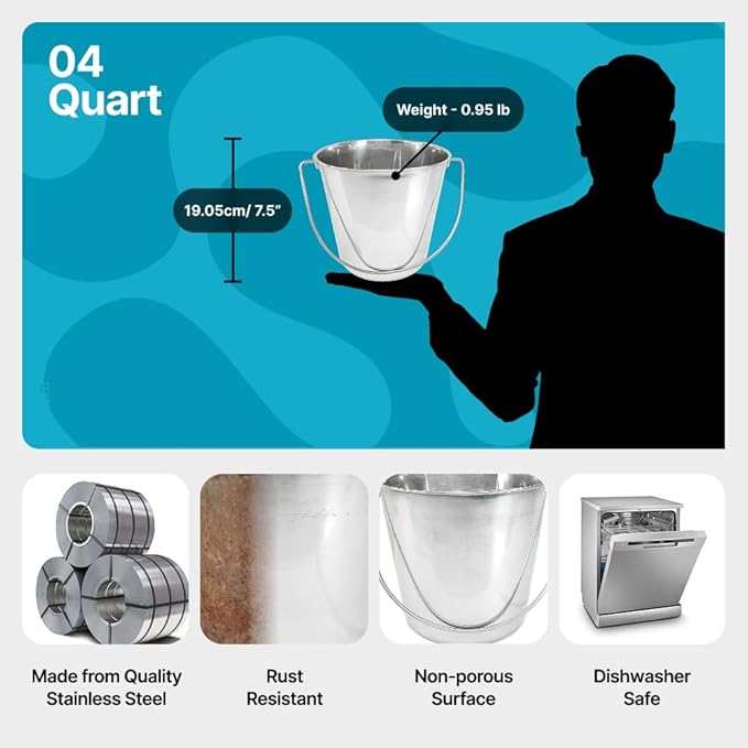 Heavy Duty Stainless Steel Bucket 1 Gallon - 4 Quart Flat Side Metal Bucket for Feeding & Watering Pets, Livestock & Cleaning - Perfect for Crates, Kennels, Cages & Hang on Fences