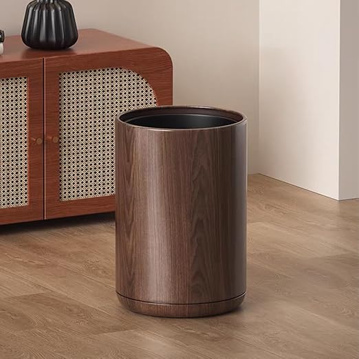 2.1 Gallon Metal Imitation Wood Grain Bathroom Trash Can, Modern, Open Top Wastebasket, Small Garbage Can for Under Desk Kitchen Home Office Bedroom (Round)