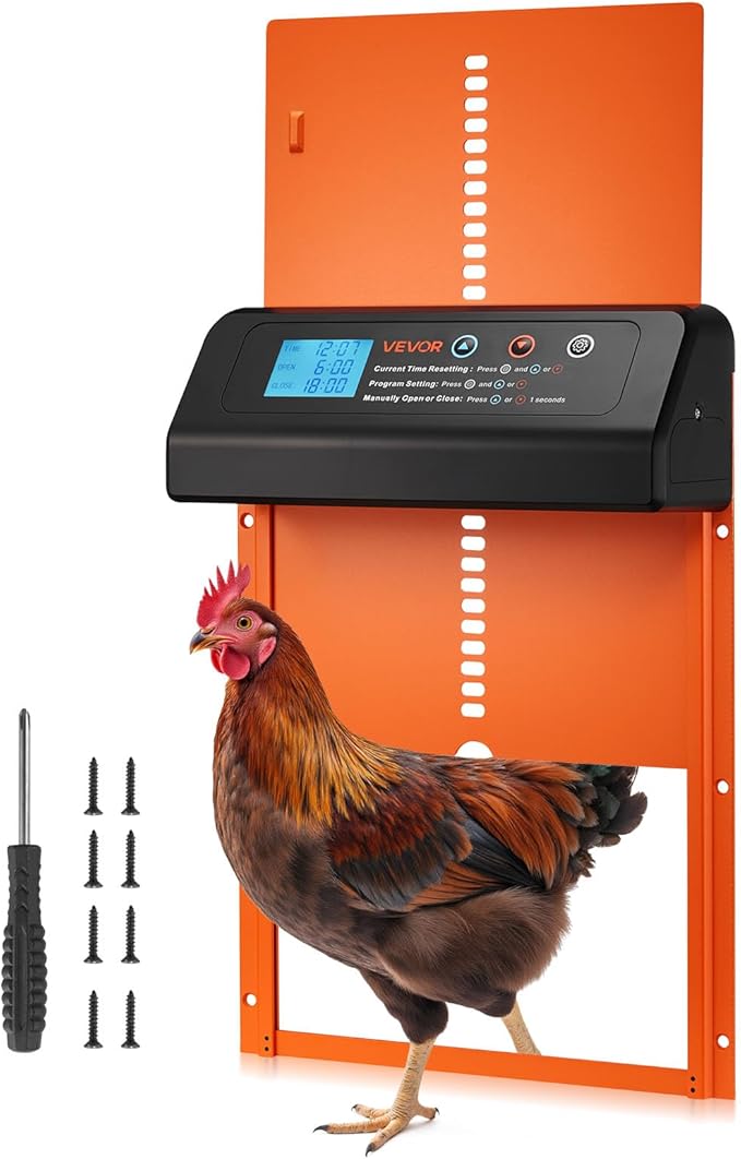 VEVOR Automatic Chicken Coop Door, Battery Powered Chicken Coop Door with Timer & Manual Setting, Anti-Pinch Security, Durable Aluminum Alloy, Chick Run Gate Opener with Waterproof Sealing, Orange
