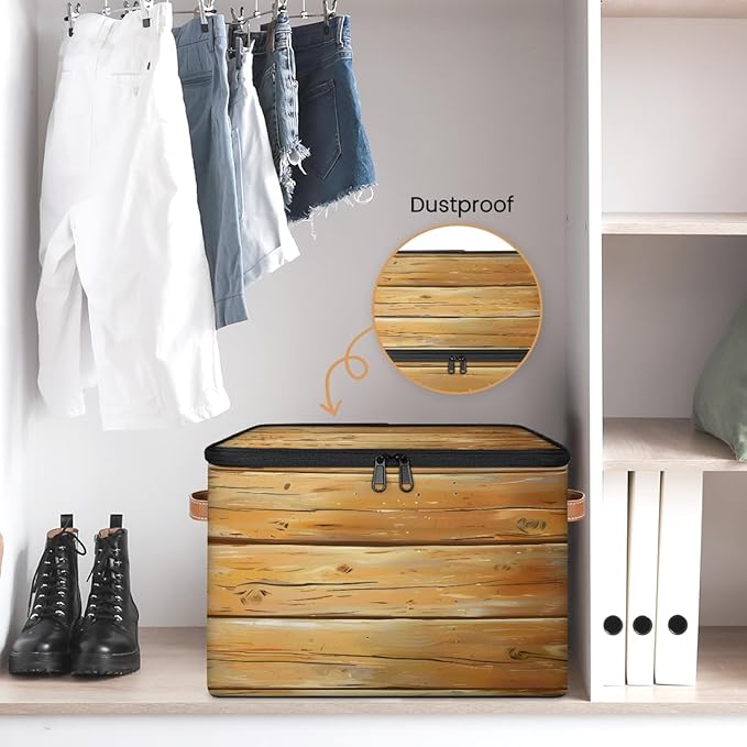Rustic Texture Wood Storage Bins with Zipper Lid Fabric Storage Containers for Clothes Collapsible Closet Storage Basket with Metal Frame 2 Pack