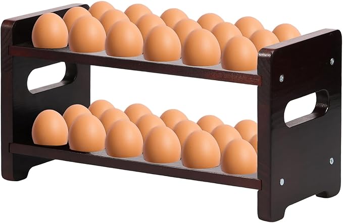 Wooden Egg Holder Countertop, 2-Tier 36-Egg Storage Rack, Farmhouse Egg Basket for Gathering Fresh Eggs, Egg Tray Storage Display Stand, Kitchen Counter Top Organizer for Chicken Duck Quail Eggs