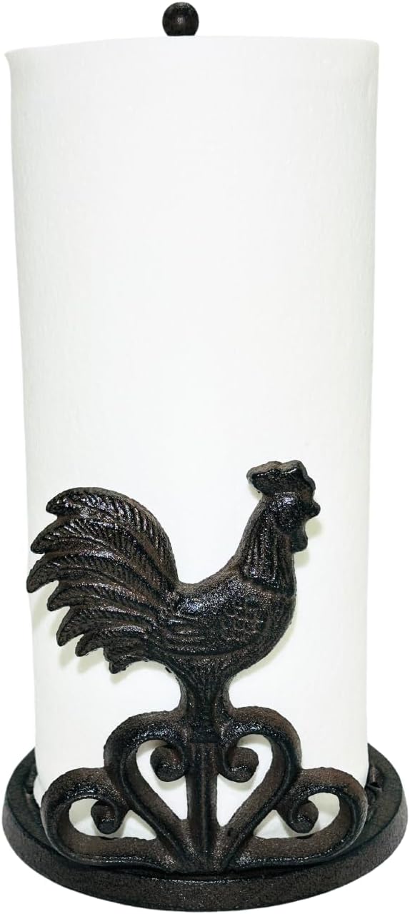 Rustic Elegance Cast Iron Rooster Paper Towel Holder - Freestanding 12" Kitchen Countertop Accessory with Farmhouse Charm - Black Country Style Decor