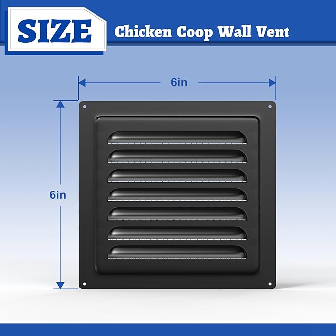 Chicken Coop Metal Wall Vent, 6" x 6" Metal Shed Vent with Built-in Screen for Anti-Debris, Louver Vent Grille for Chicken Coop, Hen House, Poultry Cage, Rabbit Hutch, Black
