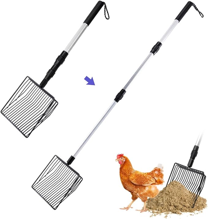 3 in 1 Stretchable Chicken Poop Scooper Chicken Coop Accessories Sifting Shovel for Chicken Coop Chicken Litter Scoop Supplies Separating Poo and Debris from Sand(22.4 to 50 Inch)