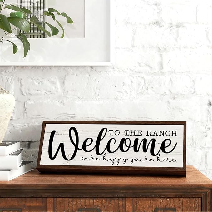 Farmhouse Wood Signs, Framed Wooden Block Sign, Western Home Decor, Wall Decoration for Barn Farm Cottage, Cowboy Decor Signs, Welcome to the Ranch Sign 9.5x3.1x1 inches