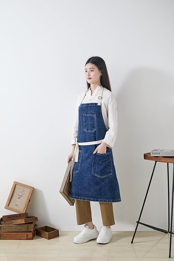 Cotton Denim Apron Soft - Unisex Adjustable Bib Apron with 5-Pockets Perfect for Kitchens