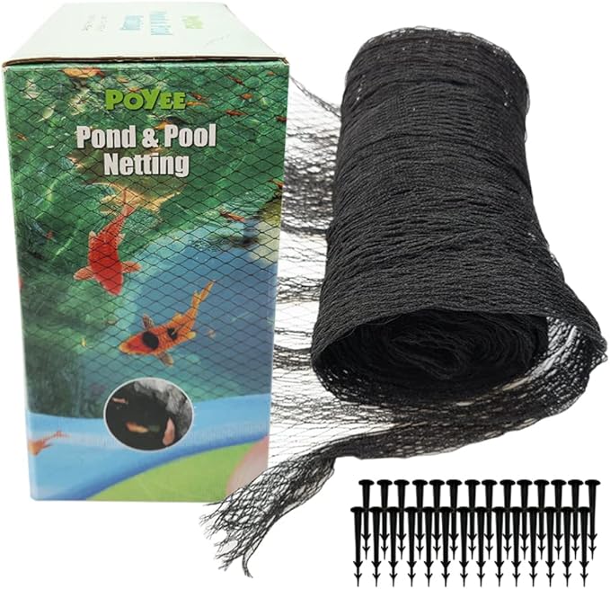 28x30ft Pond Netting for Leaves Leaf Net Cover Pond Net with Small Fine Mesh Protecting Koi Fish from Birds Cats Stakes Included