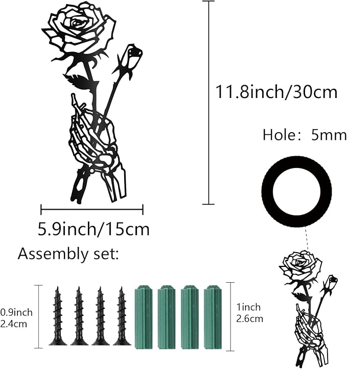 CREATCABIN Skeleton Hand Rose Wall Decor Flower Metal Wall Art Minimalist Halloween Gothic Line Art Skull Unique Love Hanging Sculpture for Wall Valentine's Day Home Decor Black 11.8 x 5.9 inch