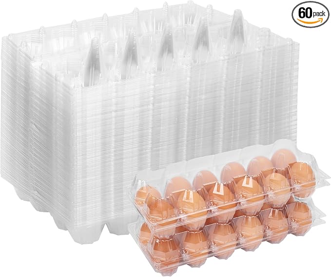 60 Pack Egg Cartons Cheap Bulk One Dozen Clear Empty Egg Cartons for Chicken Eggs Home Ranch Chicken Far, Commercial Business Market Display, 2x6 Grids, Medium