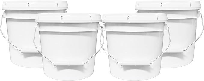 1-Gallon Bucket with Airtight Lid – Made in USA, Food Grade BPA Free Plastic, Heavy Duty Multi-Use, Metal Handle with Grip, Stackable Storage – White, 4 Pack
