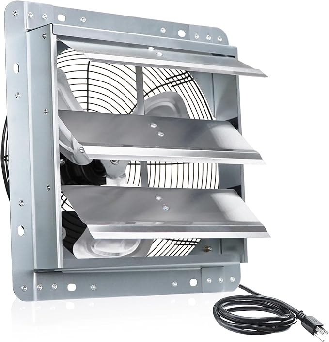 VENTISOL 12 Inch Exhaust Fan Wall Mounted, 1450CFM Shutter Exhaust Fan with Pre-Installed 1.65m Power Cord, Ventilation fan for Greenhouse, Garages, Attic, Shops, Chicken Coop, Barn, Shed
