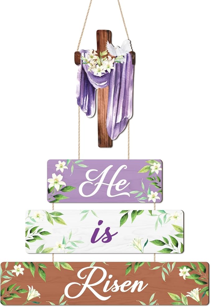 CHDITB Easter He is Risen Wooden Sign, Religious Cross Wooden Hanging Plaque, Spring Door Hanger, He is Risen sign, Faith Christian Wall Art Decor for Home Church Living Room Decoration