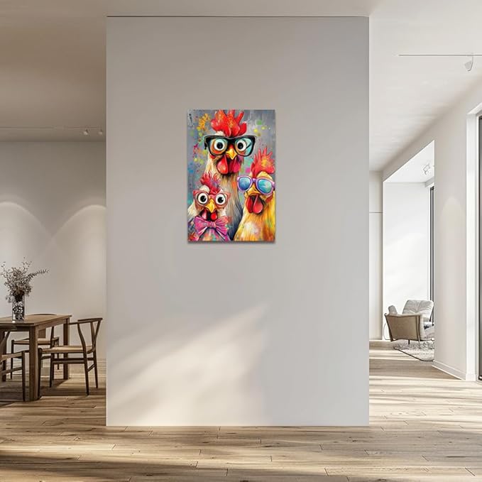 ZQQART Rooster Canvas Wall Art Funny Chicken Portrait Picture Prints Rustic Animal Painting Artwork Farmhouse Kitchen Decor Framed(Yellow,28.00" x 42.00")
