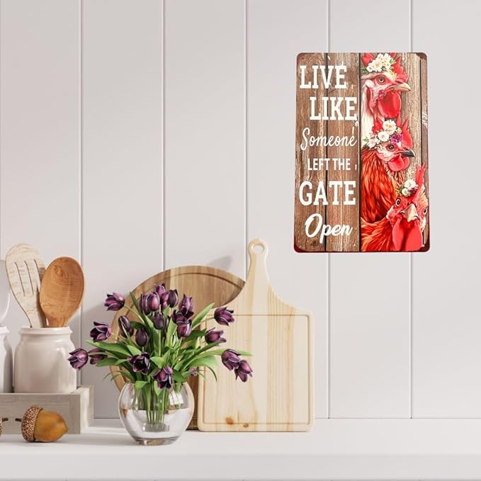 Chicken Coop Signs 4PC Set- Metal Tin Posters Rustic Wall Art Farmhouse Kitchen Vintage Home Decor Funny Outdoor Decorations Bathroom Restroom Bedroom Live Like Someone Left The Gate Open Sayings