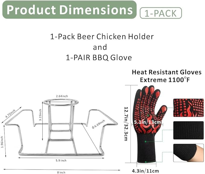 Beer Can Chicken Holder & BBQ Glove Set - Beer Can Chicken Stand 1 Pack + 1 Pair Heat Resistant BBQ Gloves Grill Oven Smoker Roasted Chicken Rack Whole Chicken Duck Goose Beer Butt Chicken Stand