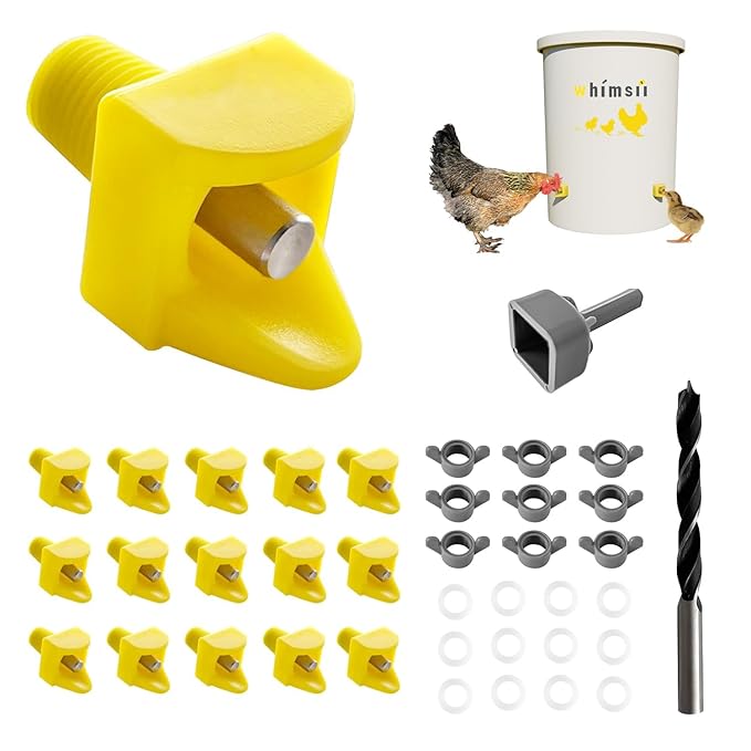 Chicken Waterer Nipples Pack of 15, Horizontal Side Mount, Anti-Leak Automatic Water System for Poultry, Suitable for Chickens, Duck, Quail, Includes Drill Bit & Installation Tool