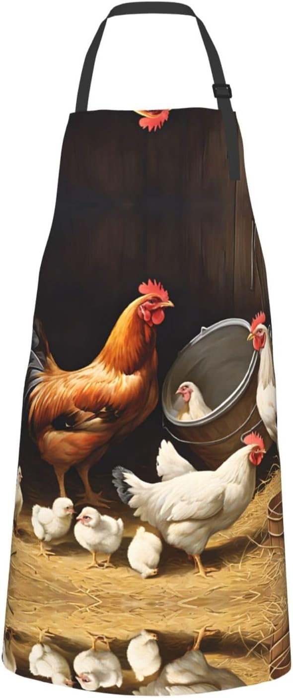 Farm Chickens Waterproof Apron For Adults With Two Large Pockets,Adjustable Neck And Waist Ties,Full-Length Bib Design-Polyester Fabric