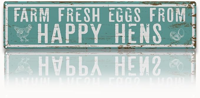 Rustic Farmhouse Style Chicken Coop Sign, Metal Egg Stand Signs, Farm Fresh Eggs from Happy Hens, Retro Metal Tin Sign, Farmhouse Decor, Backyard Hen House Gift 15.8x4 Inch