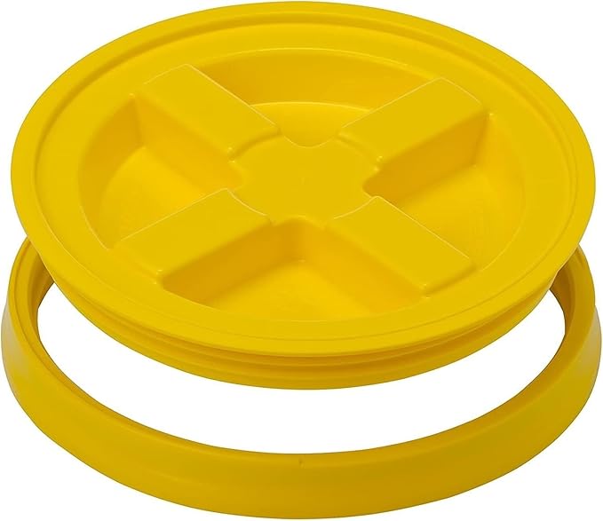 House Naturals 5 Gallon Food Grade Made in USA Plastic Bucket with Screw On Air Tight Double Gasket lid, (Pack of 3) (Gray Buckets-Yellow Lids)