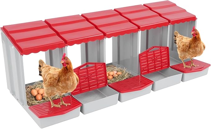Chicken Nesting Boxes 5 Compartment PP Nesting Box with Inclined Nesting Boxes & Vented Holes Wall Mount Chicken Laying Boxes for Chicken Coop (Red)