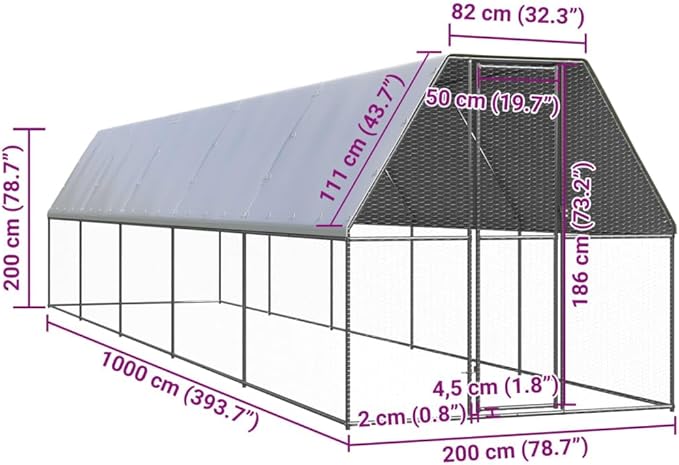 Grey Galvanized Steel Extra Large Chicken Cage Outdoor 78.7 x 393.7 x 78.7 in Lockable Weather-Resistant Poultry Run for Garden, Backyard or Terrace