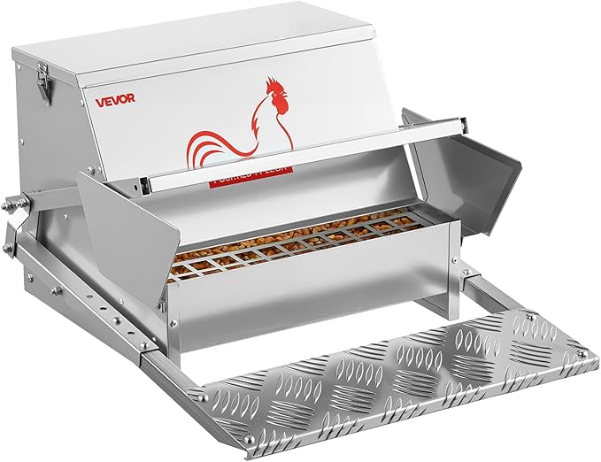 VEVOR Automatic Chicken Feeder, 25 lbs Capacity, Rainproof Treadle Poultry Feeder with Lockable Lid, No Waste, Galvanized Steel Construction, Outdoor Use, for Chicken, Bantams, Poultry, Pheasants