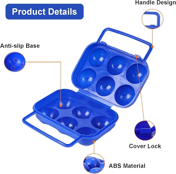 Pack of 3 Plastic Portable Camping Egg Carrier With D Buckle - 6 Eggs Capacity, Kitchen Storage Box, Tray Carriage Dispenser for Refrigerator
